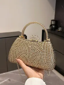 Women's Elegant Rhinestone Decorated Evening Bag, Exquisite Trendy Chain Strap Crossbody Bag, Fashionable Bag for Party Decoration, Chain Strap Clutch