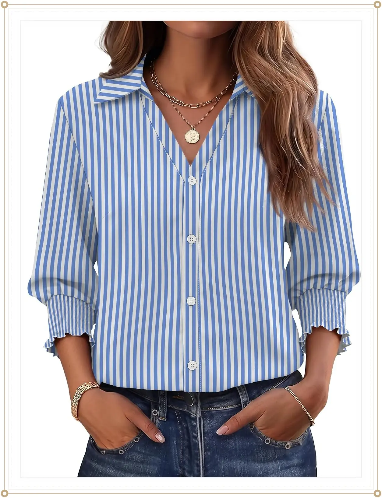 AKEWEI 3/4 Length Sleeve Button Down Shirts for Women Collared Business Casual Blouses Fashion Clothing 2026Gift