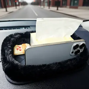 Luxurious Soft Long Fleece Car Dashboard Storage Box, Durable Leather Bottom with Anti-Slip Pad, Practical Organizer Tray, Car Console Organizer