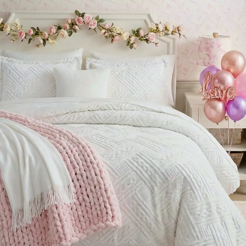 HOMELIKE MOMENT Pure White 3-Pcs Set Fluffy Fleece Comforter Set Mega Marshmallow Terry Knitted Comforter, Valentine Gifts, Machine Washable, Decorative Bedding Set, Queen Comforter Set