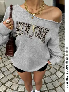 Women's Off-Shoulder Pullover Sweatshirt, Street Style Hip Hop Rapper Dance Biker School Fashion, Leopard Print Letter Design