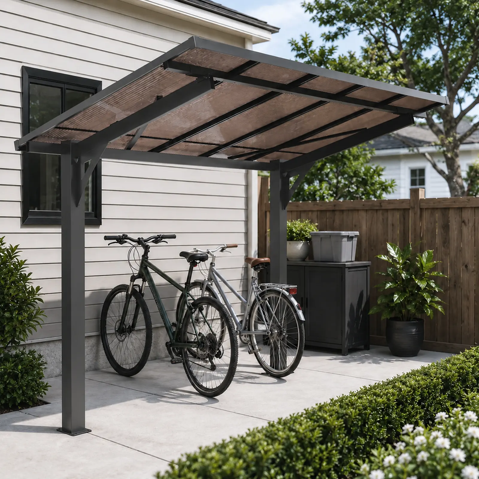 8x5 FT Outdoor Patio Awning Shelter with Sloped PC Roof, Galvanized Steel Frame Canopy for Bike Parking, Motorcycle, Grill, Garden Tools, Patio Seating & Backyard Storage, Rainproof Sunproof Snowproof Cover