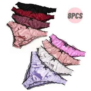 Women's 8-Pack Low Rise Feminine Satin Panties - Silky Soft, Breathable, Skin-Friendly Briefs with Elastic Waist, Ruffled Trim, Comfortable Everyday Fit, S-XL Sizes, Elegant Summer Womenswear