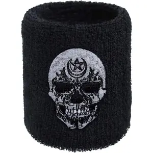 Outdoor Sweat Band for Wrist- Embroidered Heavy Metal Sweat Absorbent Wrist Band - Terrycloth Black Arm Band for Sport