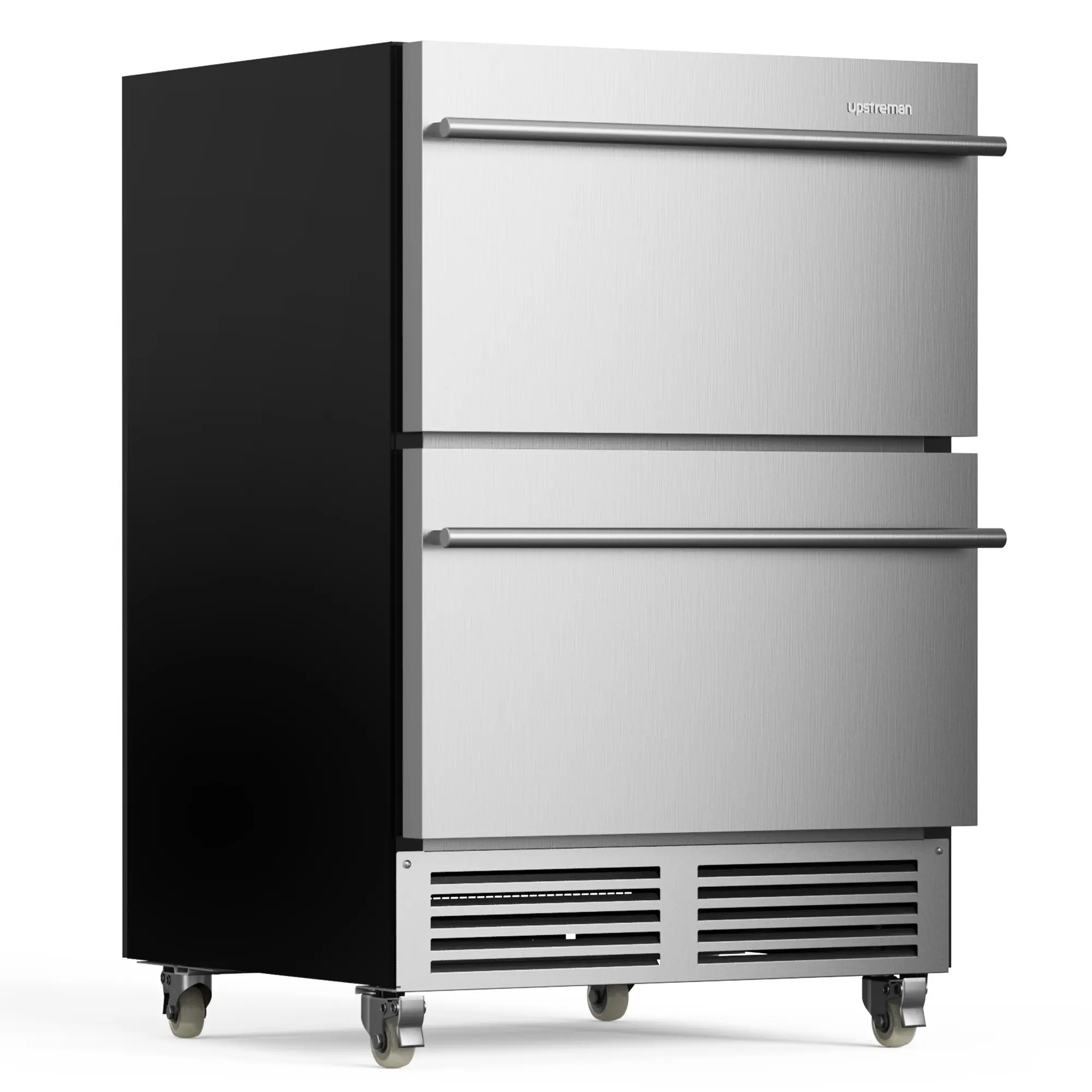 Upstreman 24-Inch Under Counter Double Drawer Mini Fridge, Waterproof Stainless Steel Outdoor Refrigerator, Grid Organizers, LED Light, Built-in/Freestanding Beverage Fridge for Home/Patio -BR50D