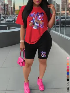 Two-Piece Set Women's Heart Print Short Sleeve Crew Neck Tee & Skinny Shorts, Casual Fashion Round Neck T-shirt & Shorts for Daily Outdoor Wear, Ladies Summer Clothes, Suits, Womenswear