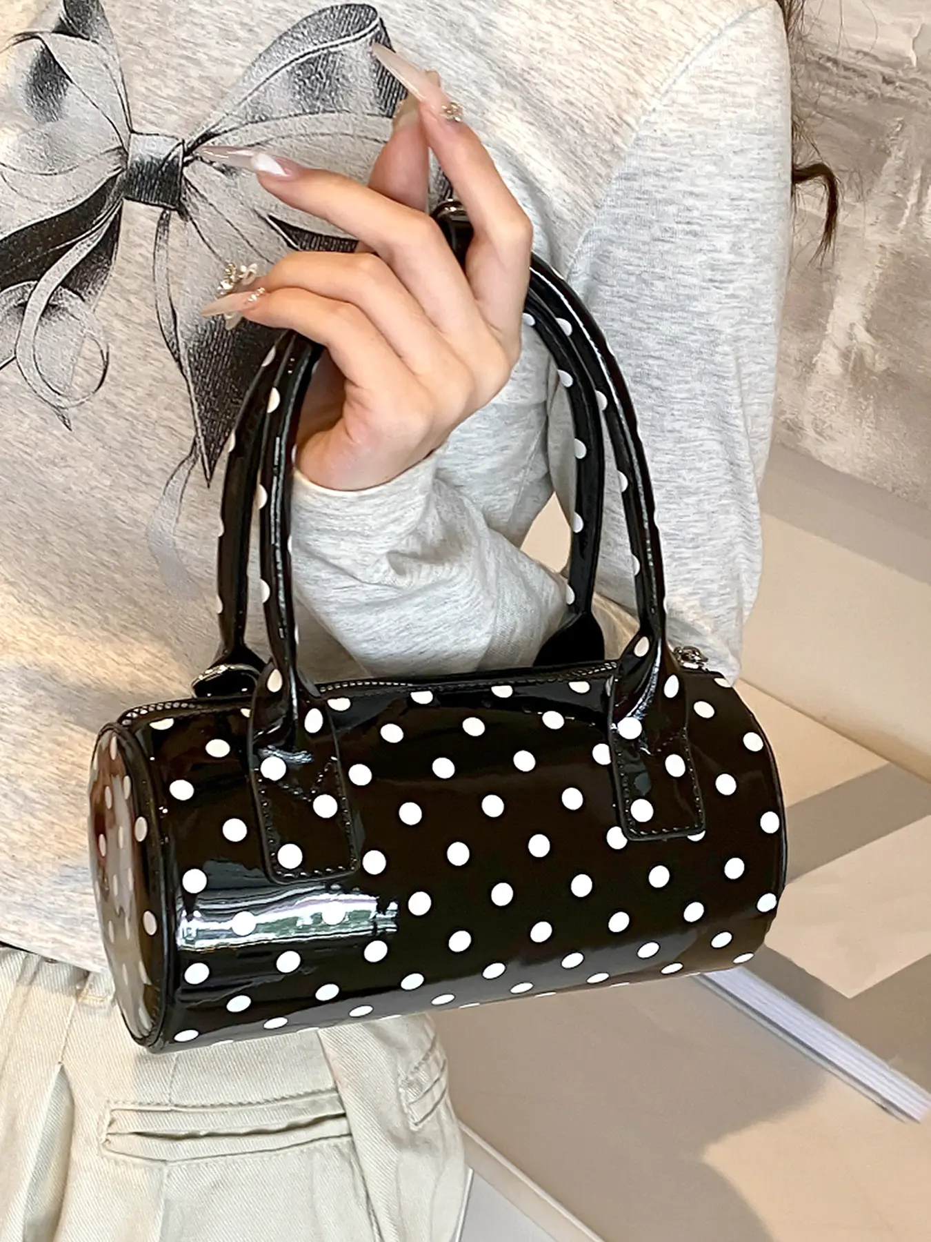 Polka dot handbag, Handbag Shoulder Purse, retro black and white color matching, small cylindrical bag, shoulder and crossbody dual use, pillow bag, handheld shoulder bag, suitable for shopping, Patterned Bag, Fashion Bags