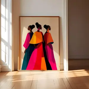 Unframed African American Black Woman Illustration Print - High-Quality Ink, Vintage Geometric Hand-Designed Artistic Unframed Painting, Tape-Installable Modern Home Decor Wall Art for Living Spaces
