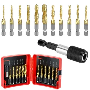 13pcs 3-in-1 Drill Tap Bit Set - Tap, Countersink & Chamfering in 1 Step, SAE & Metric Chamfering Drill Bit Sets with 1/4" Hex Quick-Change Adapter, 1/4-20 NC & 6-32 NC Compatibility for Automotive Repair, DIY Builds