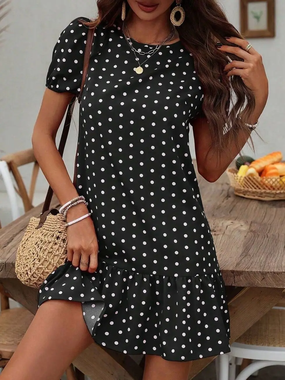 Polka Dot Bubble Sleeve Dress with Ruffled Hem - Chic Party & New Year Outfit