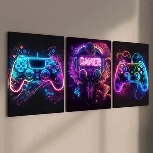 3-count wooden frame canvas, cyberpunk neon game controller triple decoration, GAMER theme cool and trendy art poster, fashionable family poster, modern living room decoration, suitable for corridor and bedroom walls, waterproof art