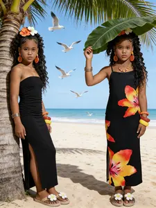 Adorable Girl Knit Fabric Solid and Print Sleeveless Dress 2-Piece Set, Knitted Dress, Elegant Children's Dress, Casual Comfort, Body-Slimming Fit, Machine Washable and Dry Cleanable, Floral Print Dress