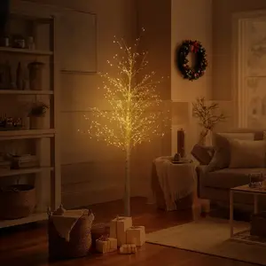 Hoodink 6ft Lighted Birch Tree with 120/544 Warm White LED Lights - Id Twig Tree, Decorndoor Decorative Twig Tree for Home,  Christmas Holiday Decor,Lighteative LED Tree, Warm White Glow, Birch Wood Aesthetic, Plastic Birch Foliage, Durable Metal Base