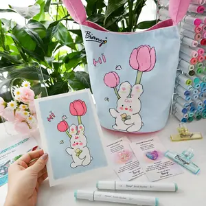 Bianyo Kawaii Bunny Tote Bag, Cute Canvas Bag Large Capacity Organizer for Pens, Art Supplies, Makeup, Travel Essentials, Aesthetic Gift for Girls & Creators
