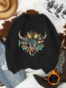 Western Cowboy Pattern Leopard Floral Print Round Neck Sweatshirt, Casual Vintage Washed Cotton Long Sleeve Fitted Pullover for Women