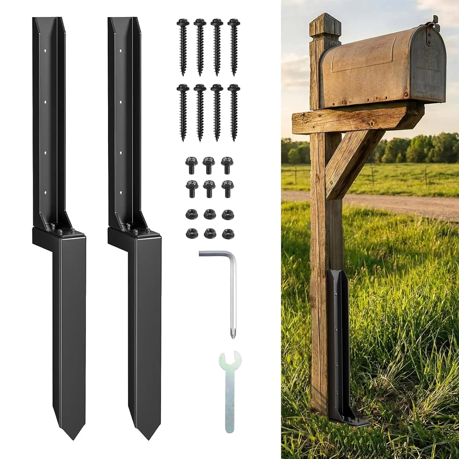 Fence Post Repair Kit, 2Pack Heavy Duty Steel Fence Post Anchor Stakes For 4x4/ 6x6 Wood Posts, Thickened Rustproof Ground Spike Quick Easy DIY Solution For Leaning Or Broken Fence Posts