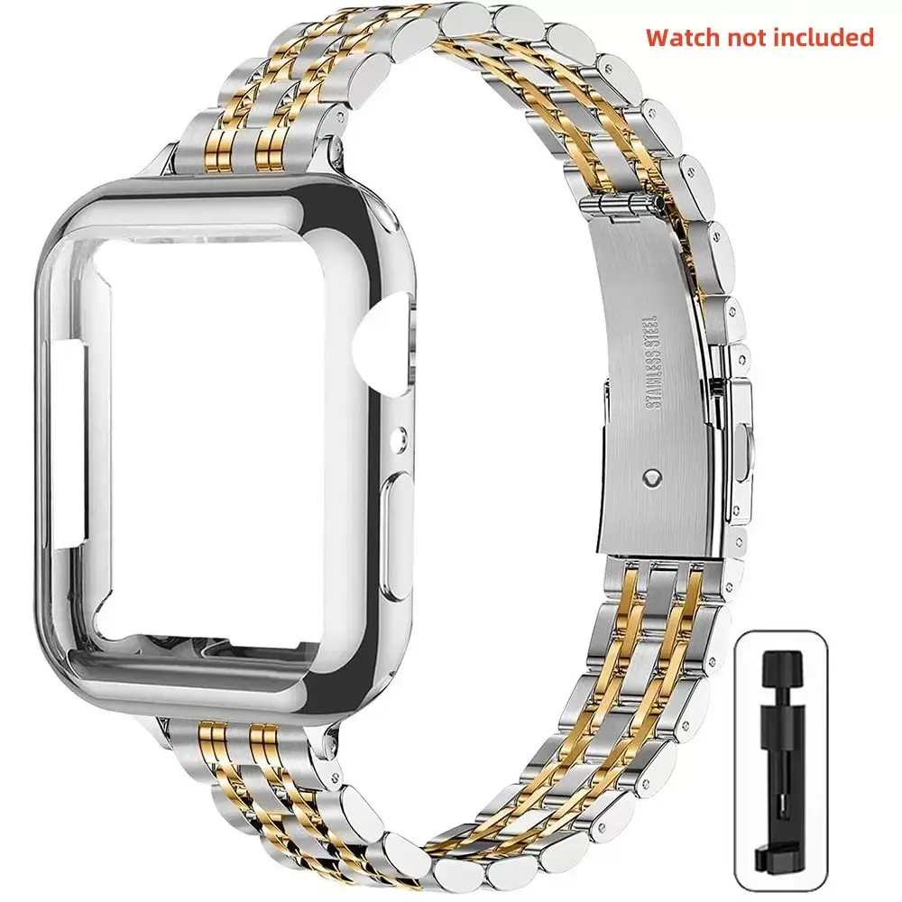 1-piece Women Stainless Steel silvery gold Strap+case, Smart Watch Straps, Wearable Tech Accessories, Smartwatch Accessories, Compatible Apple Watch Series with S10 38mm,40mm,41mm,44mm,45mm, for iWatch Ultra1/2/3 series Includes Tool & Accessories
