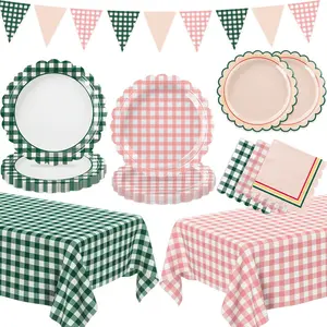 102 PCS Camp Bachelorette Decorations - Scalloped Gingham Plates, Napkins, Cups, Banner, Gingham Tablecloths for Baby Shower, Wedding, Birthday, Serves 25