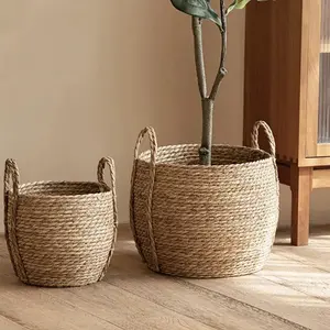 Seaweed Wicker Basket Rattan Hanging Flowerpot Dirty Clothes Storage with Handle