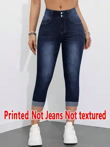 Women's Printed Tight-Fitting Skinny Pants, Non-Denim Fabric, Seven-Inch Leggings, Faux Denim Print, All-Season Wear, Comfortable and Stylish, Bottom, Womenswear