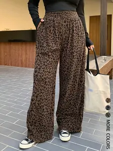 Women's Casual Leopard Print Elastic Waist Corduroy Loose Fit Pants, Comfortable and Stylish, Perfect for Daily Wear,All Season, Back To School Clothes
