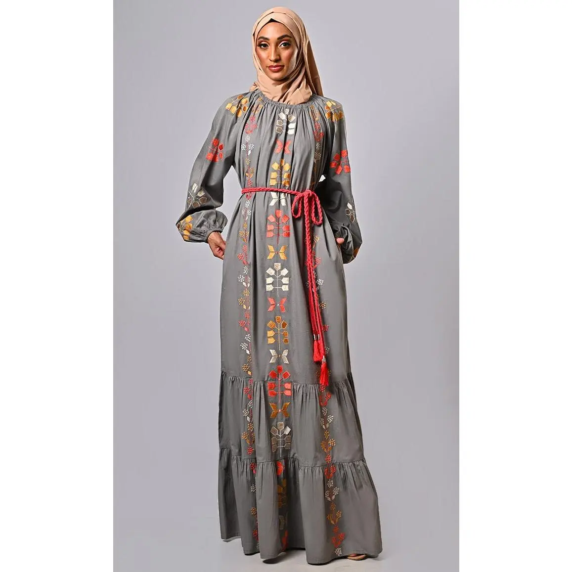 Burma Inspired Bohemian Embroidered Abaya with belt