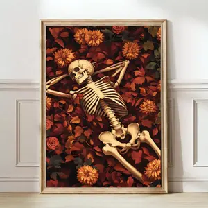 Skeleton Print Flower Skeleton Painting Floral Halloween Print Floral Skeleton Poster Vintage Painting Halloween Decor Red Flowers, Unframed | 5 size, 8x12 to 27x40 inch