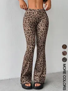 Women's Leopard Print Casual Fitted Knit Pants, Stylish Animal Pattern Long Trousers, Comfortable Daily Wear for Ladies, Trendy Fashion Bottoms, Womenswear, Fabric