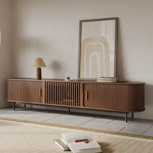 94.49"Mid-Century Modern Tambour Door TV Stand, Walnut Color TV Console,  Ash Rolling Door Media Console with legs