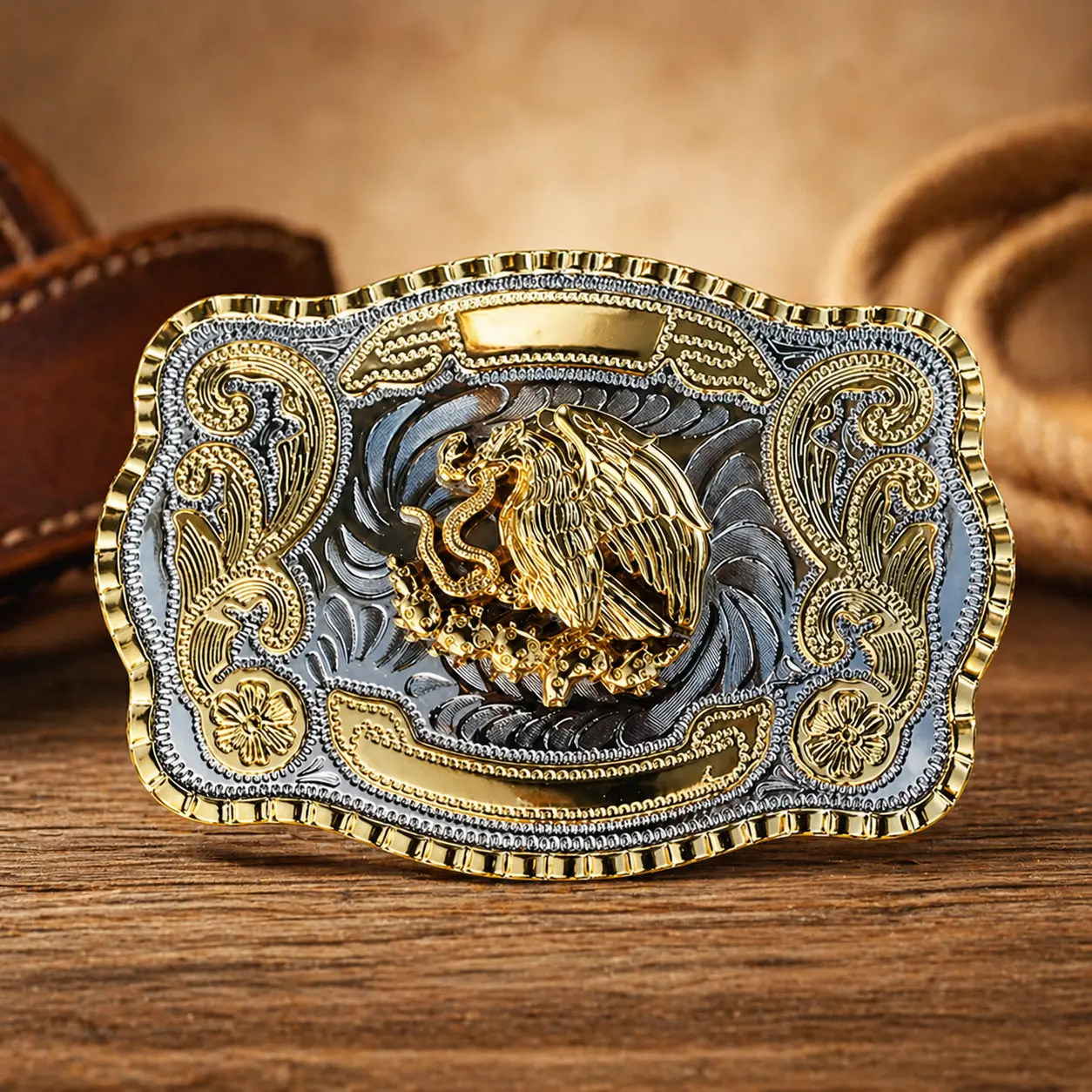 Large Mexican Western Belt Buckle, Gold Silver Cowboy Rodeo Belt Buckle for Men Women, Mexico Patriotic Festival Vaquero Hebilla, Western Jeans Belt Accessory