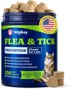 YoYoBay Upgraded Flea and Tick Support for Cats, 200 Soft Treats, Natural Flea and Tick Prevention Chews for Cats, Salmon & Blueberry Flavor, Cat Flea Support Chewable, Immune Support, for Skin & Coat Health