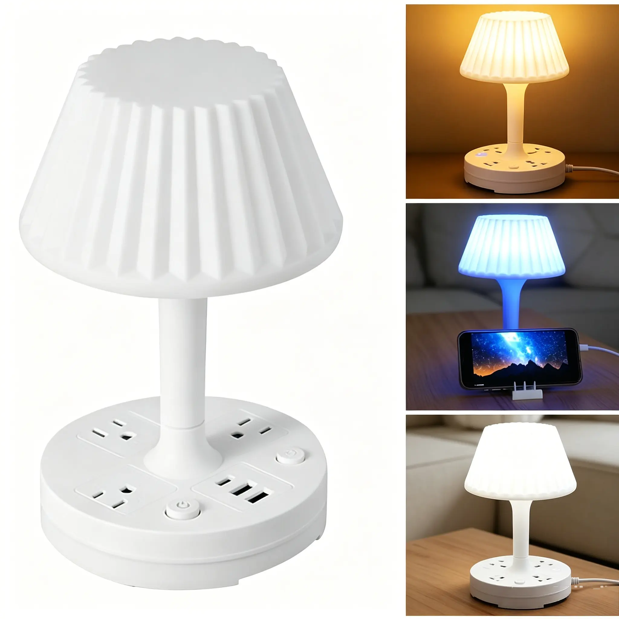 Multi-Port LED Bedside Lamp with AC Outlets & USB Ports, Remote Control Color Changing Dimmable Mood Lighting, All-in-1 Table Lamp for Bedroom Living Room Indoor Home Improvement (Bedroom LED Lights Included), Dimmable Bedroom Lamps