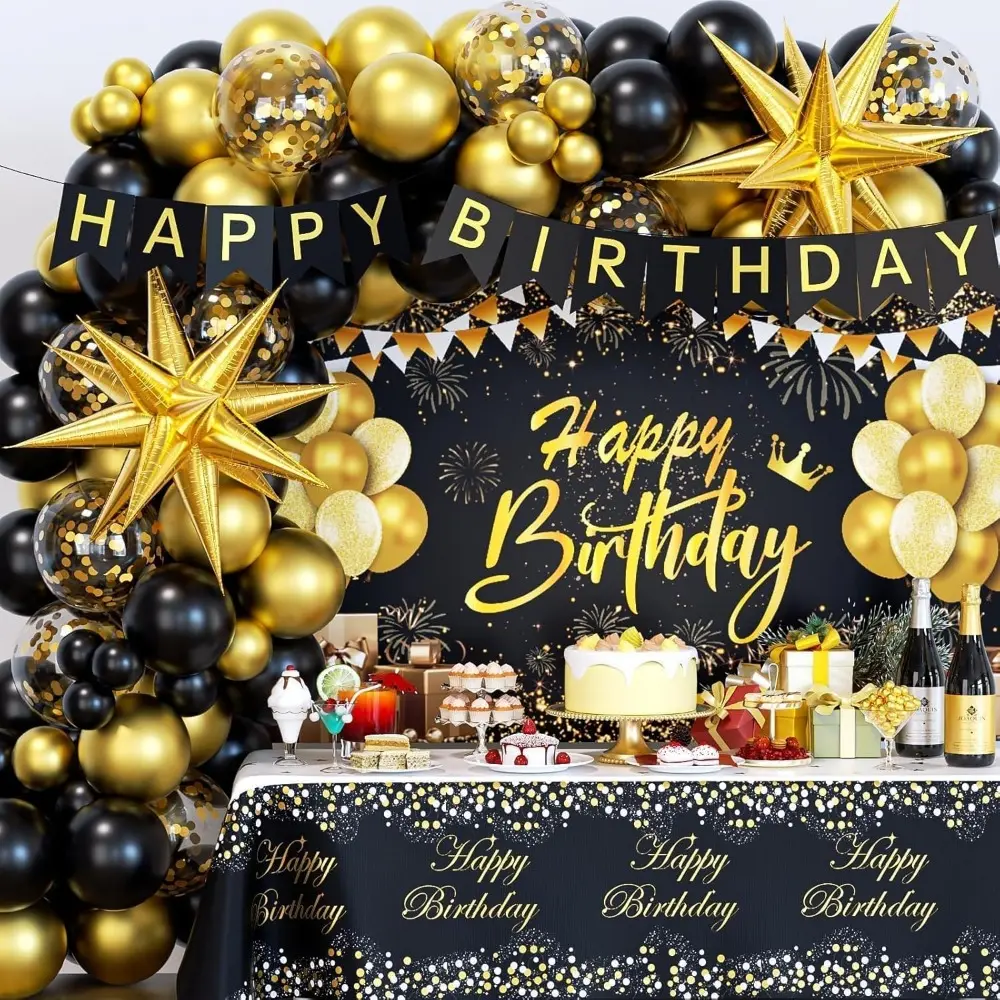Elegant Black & Golden 71-Piece Adult 90th Birthday Party Decoration Supplies Set for Men - Includes Wall Backdrop, Tablecloth, Gold Foil Balloons, Banner, Customized Balloon Garland, Metallic