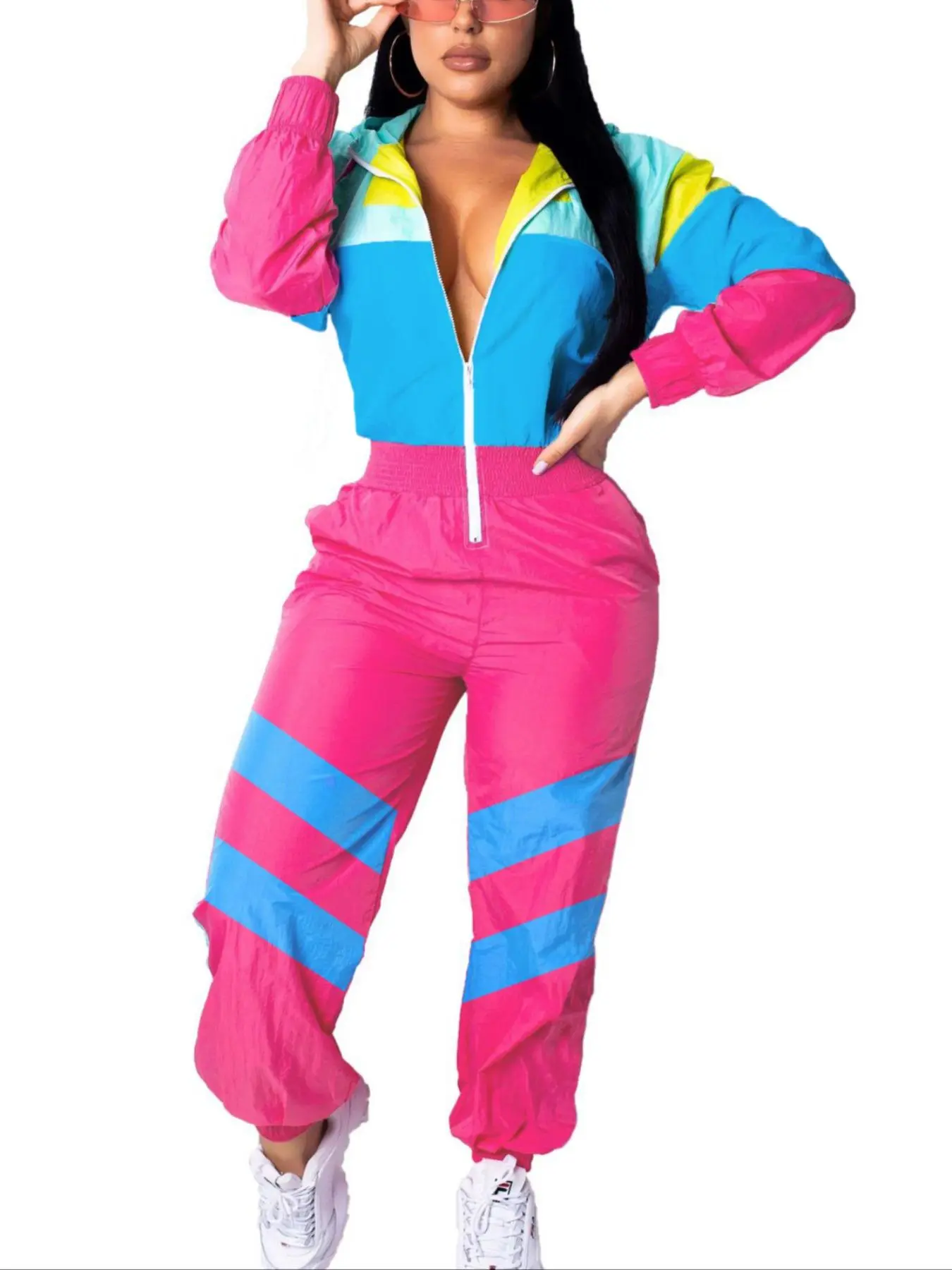 halloween costume ideas Women's Colorblock Sporty Adjustable Hooded Windbreaker Jumpsuit Outfit Garment Piece, Casual Fitted Spring, Lightweight Thin Fabric, Zipper Pocket Design, Womenswear, Clothes