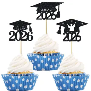 12/24pcs 2026 Graduation Cap Theme Cupcake Toppers with Glitter Class of 2026 Grad Cap Cupcake Picks Decorations for Graduation Theme School Graduate Party Supplies Cake Decorating Supplies