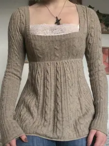 Women's Vintage Cable Knit Empire Waist Tunic, Cute Long Sleeve Square Neck Pullover for Casual Date Daily Wear, Ladies Fall & Winter Clothes