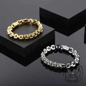 GTHIC Punk Multi-Skull Spliced Stainless Steel Bracelet Trendy Skull-Inspired Statement Jewelry for Men Women Daily or Event Looks