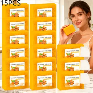 15-Piece Turmeric Kojic Acid Foaming Cleansing Soap Set–Infused with lemon extract &vitamin E,handcrafted with care,Gentle,Alcohol-free,suitable for various skin types,ideal for both facial and body cleansing.Comes with 3 lather nets for richer foam