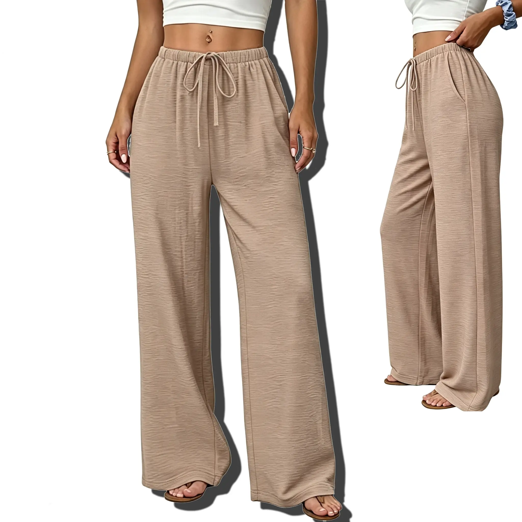 Women's Basic Elastic Waist Drawstring Wide Leg Pants - Summer Lightweight Polyester Full Length Casual Bottoms with Pockets, Flowy Clothes, Bottom