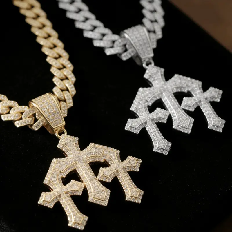 Hip Hop Iced Triple Cross Pendant Necklace - Gold Plated Cuban Link Chain, Gold-Toned Jeweled Crucifix, Cross Motif Statement Jewelry for Streetwear, Cross Motif Necklaces, Gold-Toned Cross Necklaces