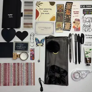 Black Starter Stationery Bundles - Mini Journal, 5 Pens, Highlighters, Colored Scrunchy, Motivational Prompt, Washy Tape, White Out, Stamp Pad, Assorted Stickers, Pencil Bag, Sticky Notes, Colored Matching Items