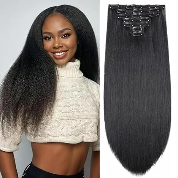 Women's Yaki Kinky Straight Premium Synthetic Hair Extensions - 7Pcs 134g 16-Inch Natural Black Seamless Clip-Ins, Heat Resistant Full Head Instant Length Hairpieces for Seamless Blend