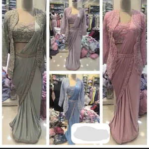 Ready to Wear Pleated Designer Sarees with Jackets Bridal Collection for Women in Rich Purple with Intricate Beading Womenswear Satin Fabric Elegant