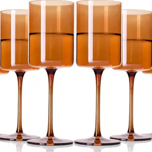 Amber Wine Glasses Set of 6-14oz Square Colored Wine Glasses,Colorful Wine Glasses with Tall Long Stems，Drinkware glassware crystal