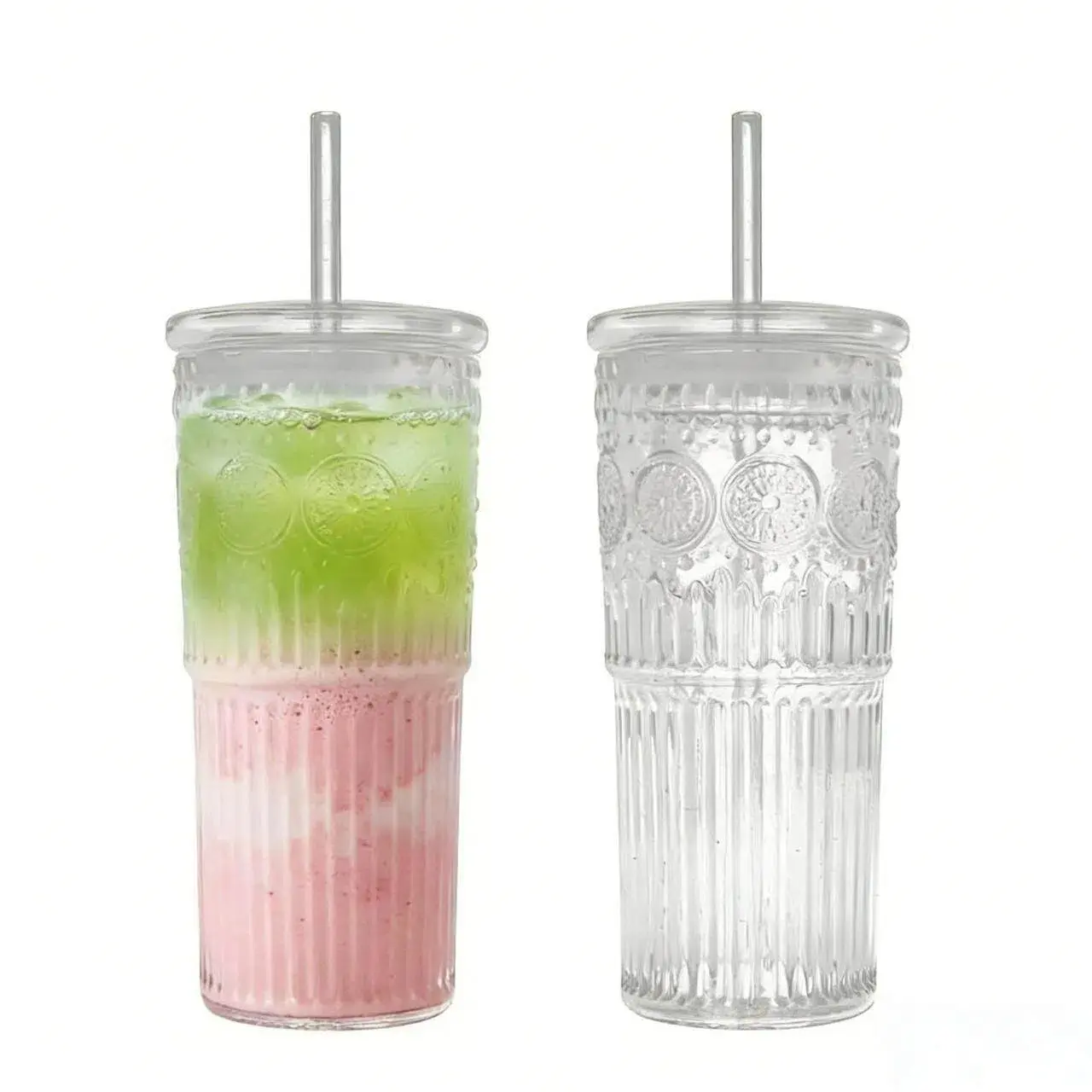 Glass Iced Coffee Cup With Lids and Straws, 24 OZ High Borosilicate Glass Tumbler for Water Smoothie Juice Drinks, Modern Glass Mug for Cold & Hot Beverages, Drinkware, Aesthetic Glass Cups
