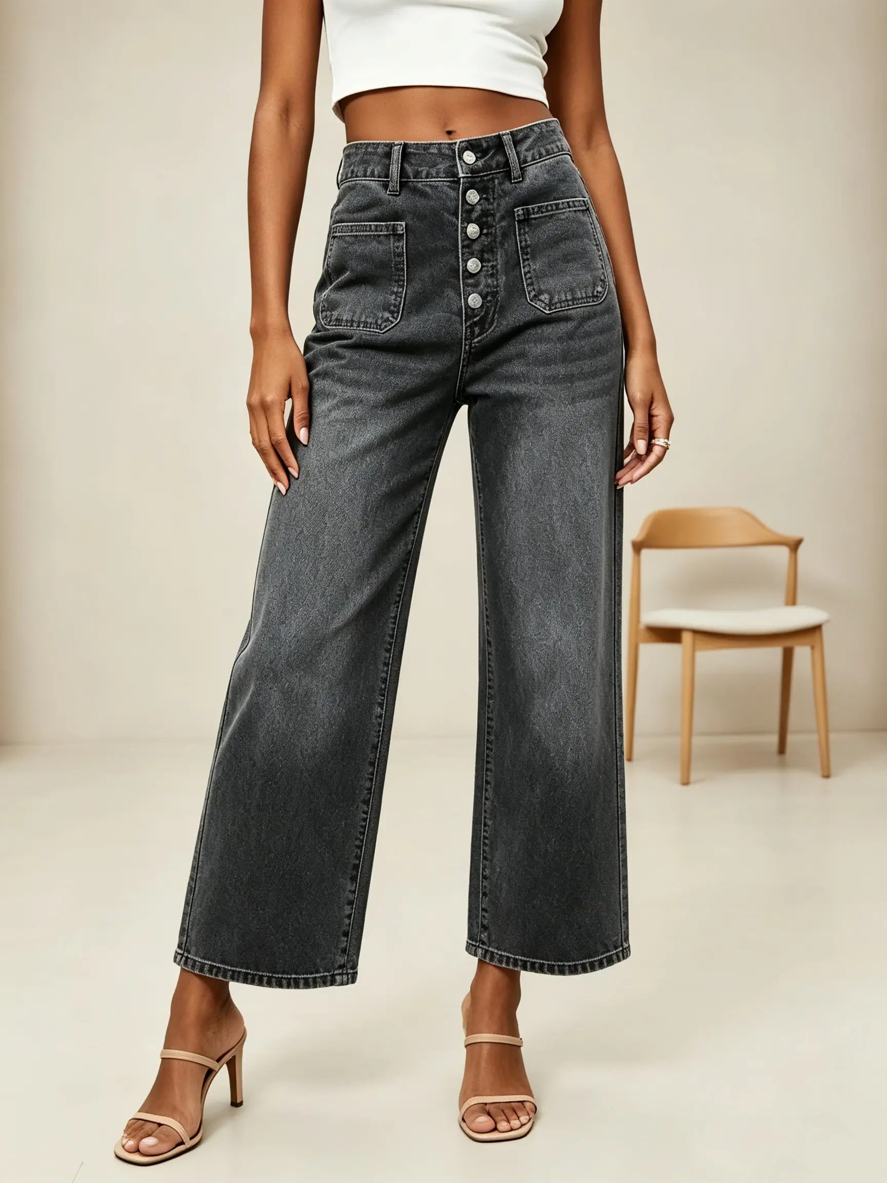 Women's Smoke gray work trousers with a nine-inch hem reaching the ankles Straight Leg Capri Jeans with Button Closure - Comfortable Womenswear Bottoms