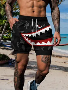Summer Quick-Dry Breathable Men's Double-Layer Beach Swim Shorts, Swimming Shorts, Swimwear Shorts, Anti-See-Through Lining, Shark Mouth Print, Multi-Scene Shorts