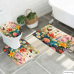1/3Pcs Floral with Butterflies and Various Flowers Bathroom Mat Set, Flannel Non Slip Bath Rug, Toilet U-Shape Mat, Toilet Lid Cover, Thickened Soft Absorb Water, Microfiber Surface Memory Foam Cushion, Home Bat, Bathroom Floor Mat