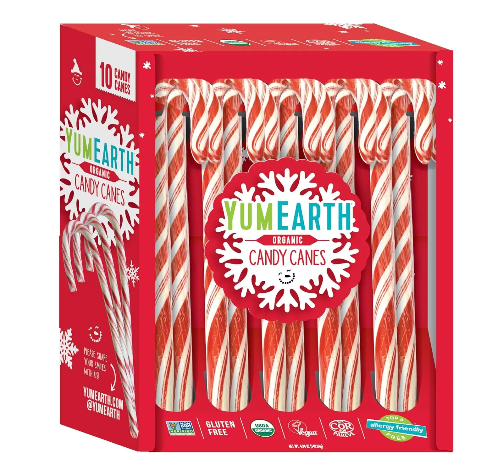 Organic Candy Canes - Individually Wrapped Full Size Peppermint Candy Canes - Allergy Friendly, Non GMO, Gluten Free, Vegan, Dye Free Happy New Year Candy - 10 Count (Pack of 1)