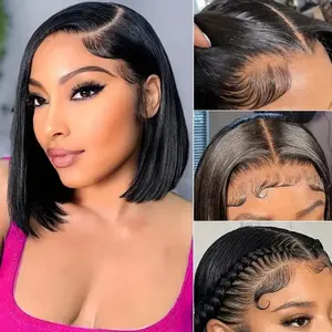 Bob 13x6 Lace Front Wigs Human Hair 14 Inch Short Straight Bob Frontal Wig Pre Plucked With Baby Hair 200% Density Hd Transparent Lace Glueless Bob Wigs for Women Real Hair Wigs